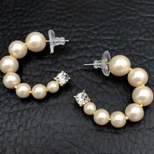 Hoop Earrings Faux Pearl Off White Beads Clear Rhinestone Ends Gold Tone Studs